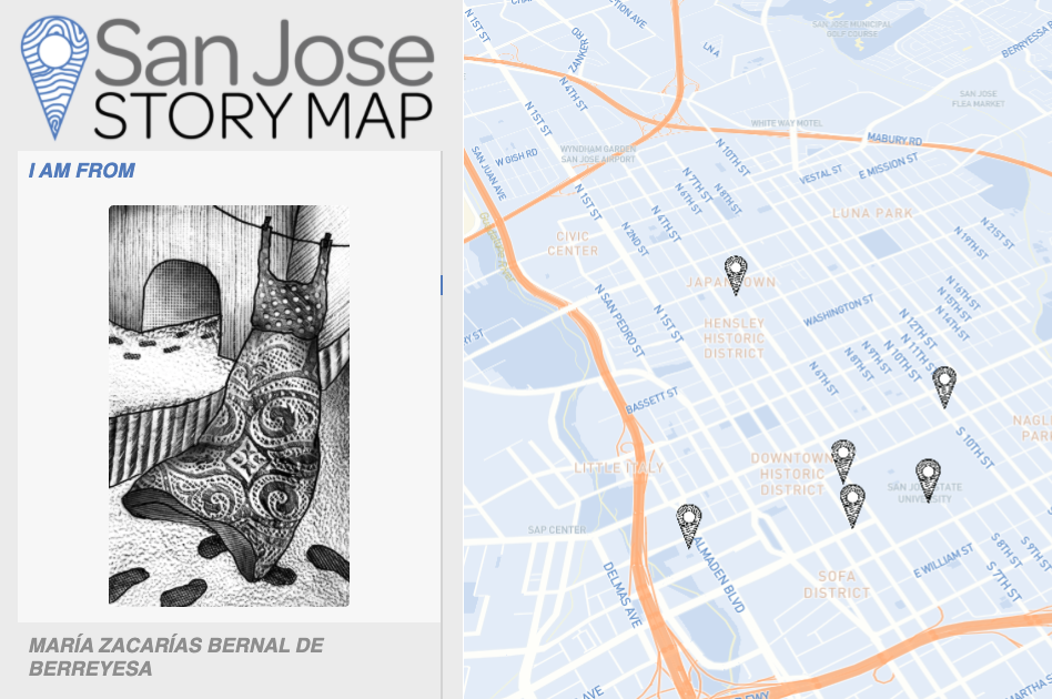 Screenshot of the San Jose Story Map. On the left a black and white print shows a dress hanging from a clothesline. On the right a pale blue map of San Jose displays markers of site of curated submissions for the San Jose Story Map.